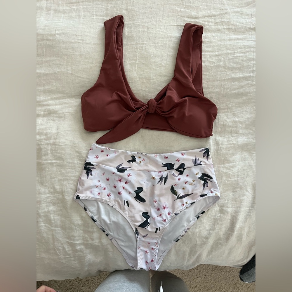 Rust Bikini Top and Floral High-Waisted Bottoms